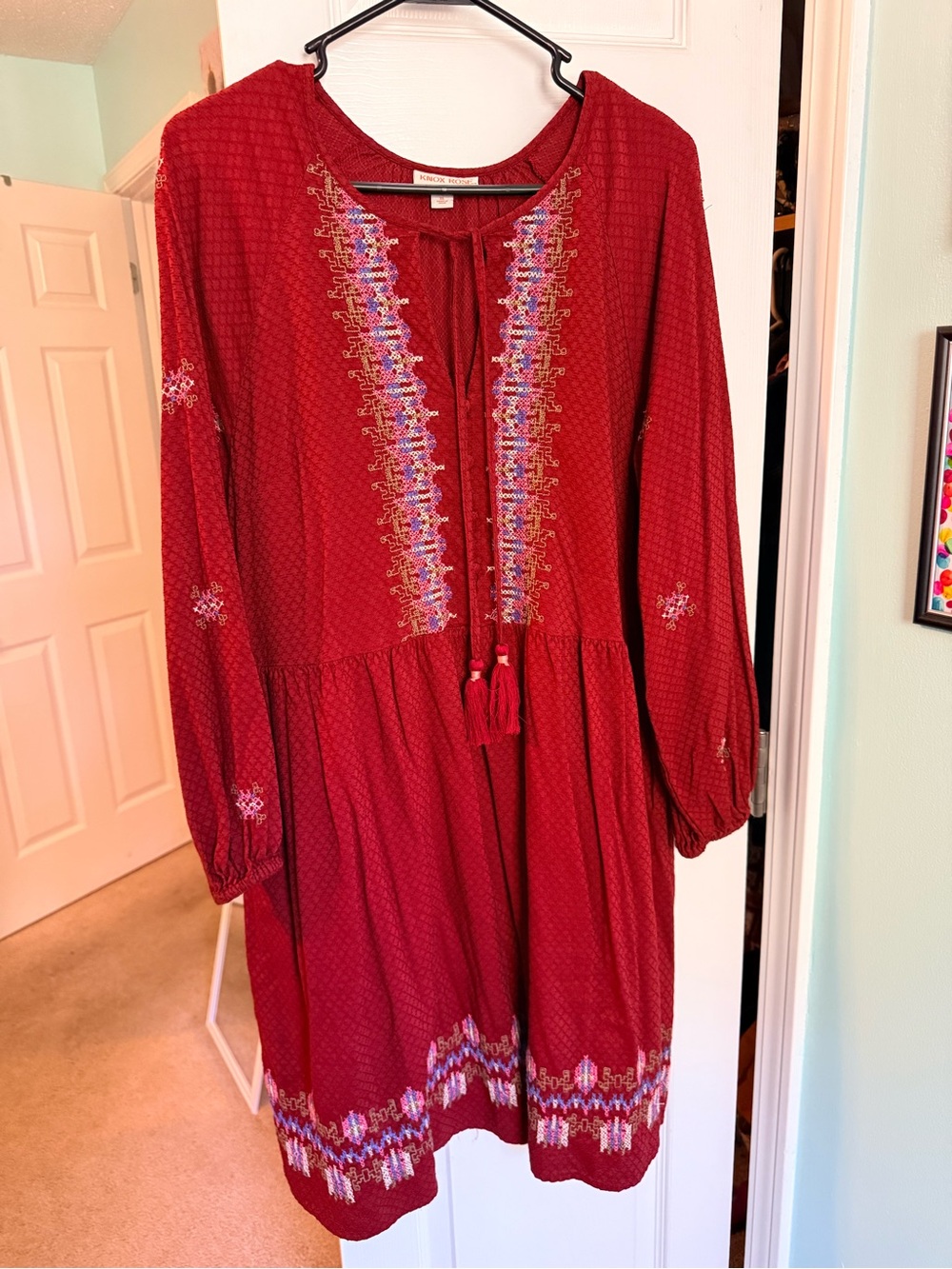 Knox Rose Red Embroidered Long Sleeve Boho Dress